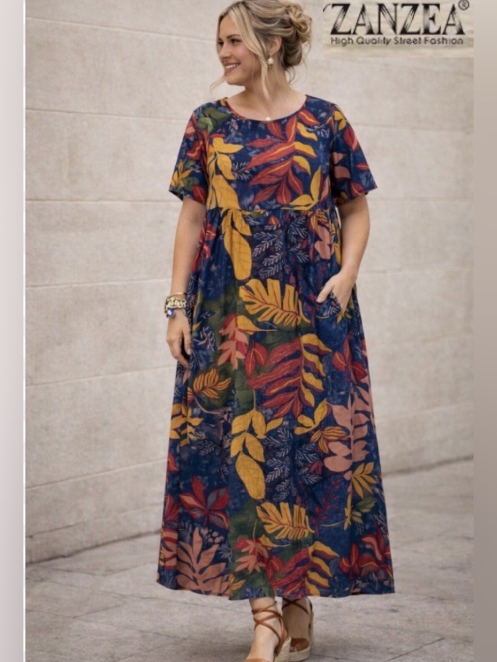 2X ZANZEA 100% Cotton Maxi Dress in Autumn Botanical Print, NWT